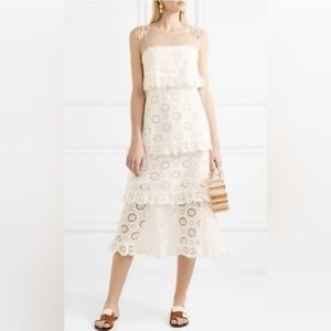 Zimmermann White Eyelet Cotton Scalloped Trim Tiered Midi Lumino Dress S